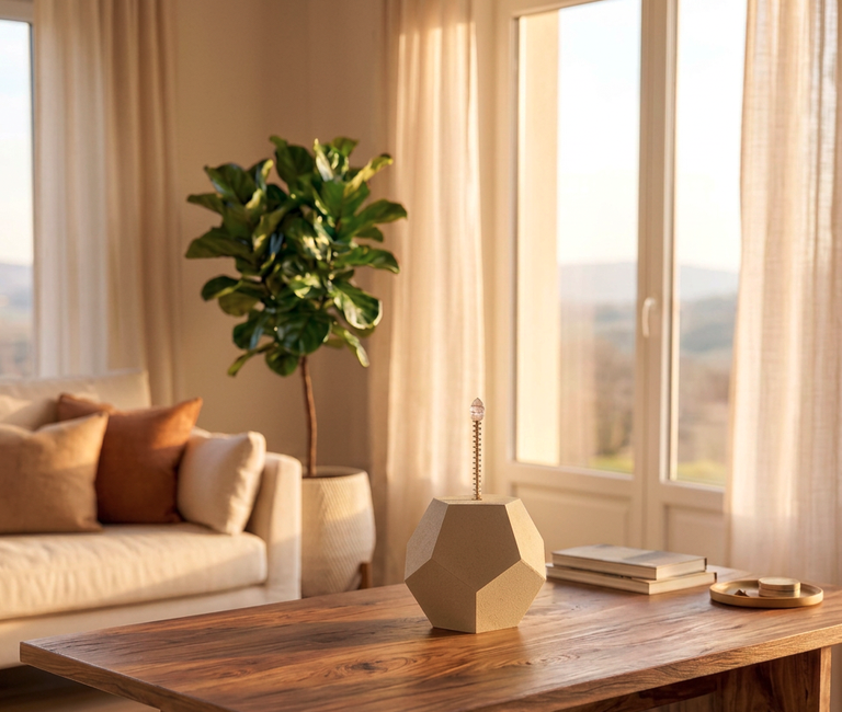 Bio-harmonisateur Ethérion, dodécaèdre céramique avec antenne de cuivre et cristal, posé sur une console en bois dans un intérieur lumineux
